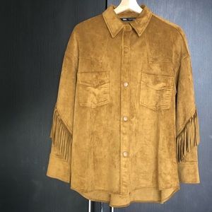 Brown faux suede fringe shirt jacket with snaps